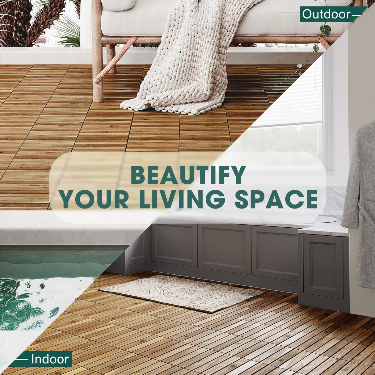 Interlocking Deck Tiles - 10PCS Waterproof Acacia Wood Patio Tiles, Flooring Tiles for Both Indoor and Outdoor - Decking Stripe Pattern, Golden Teak, 12 x 12 x 0.9 inches IDZO