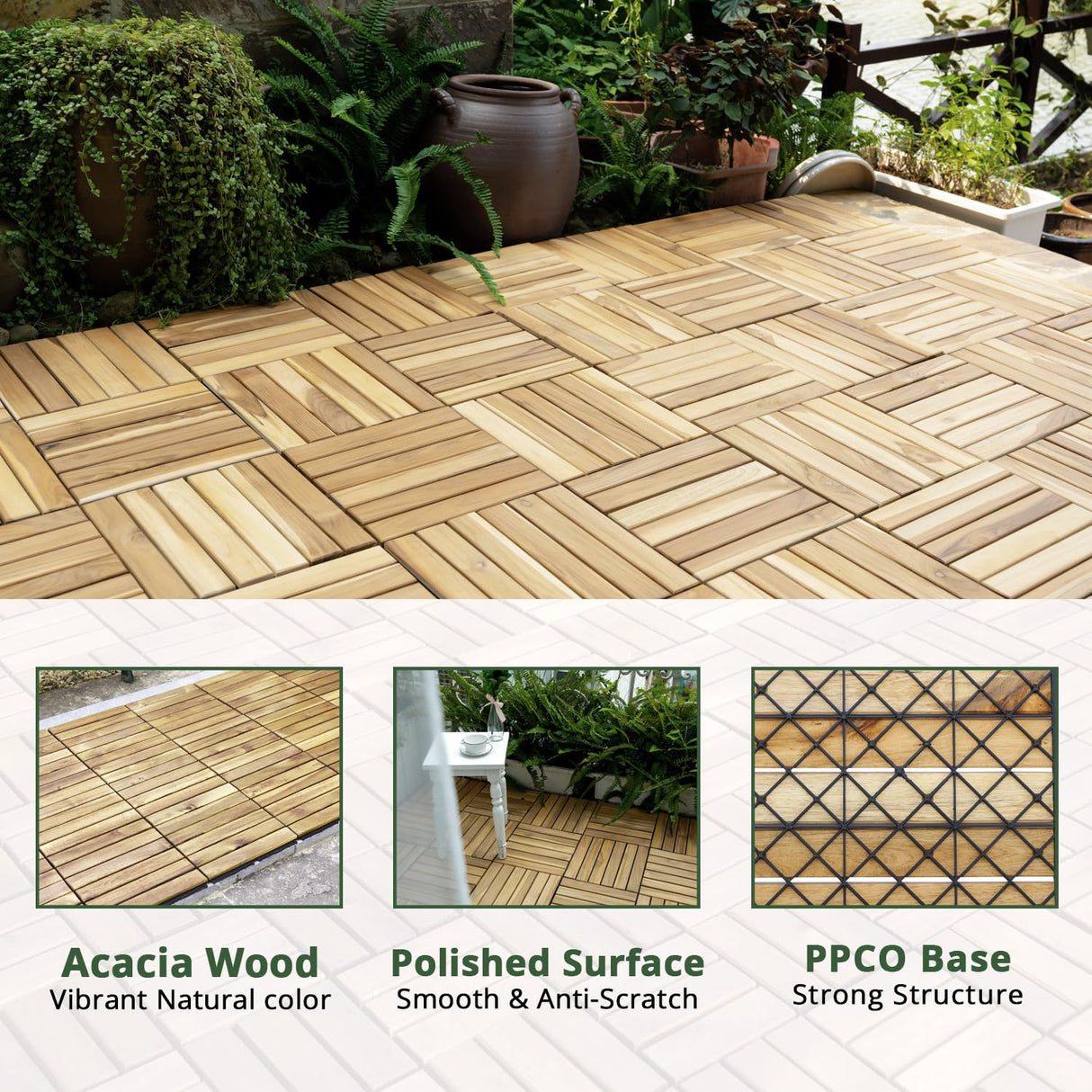 BEEFURNI Acacia Interlocking Deck Tiles (10PCS 12"x 12"), Wood Deck Tiles Interlocking Outdoor All Weather, Patio Flooring for Indoor Outdoor use, Easy Assembly, 1-Year Warranty (Natural Wood) BEEFURNI