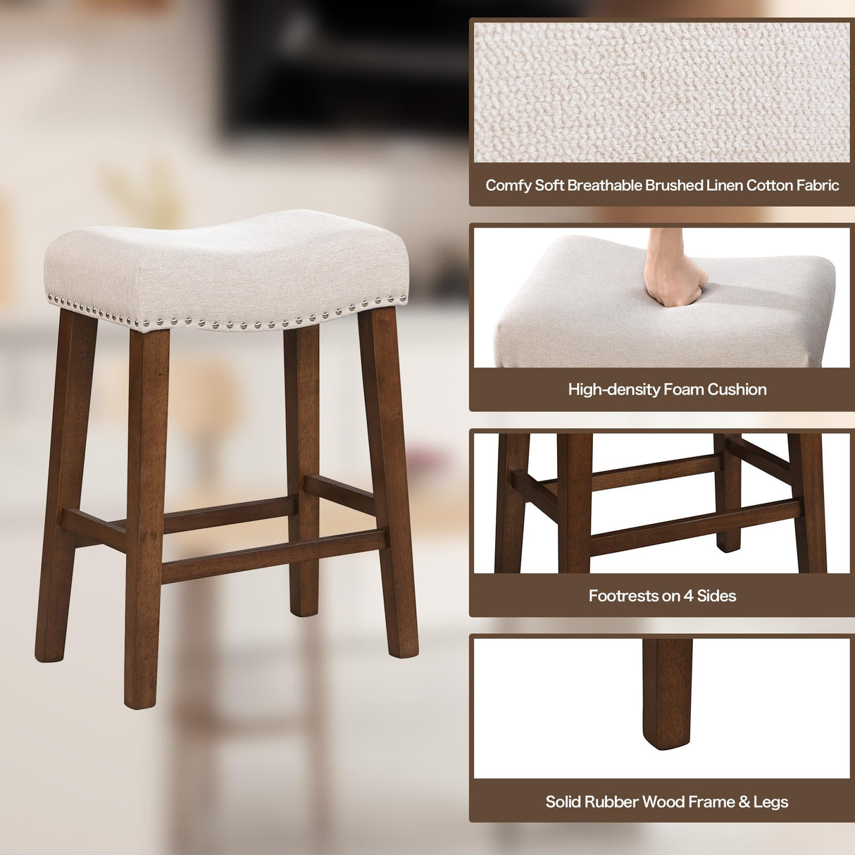 Larksperal 26" Counter Height Bar Stools - Modern Backless Kitchen Island Saddle Barstools Chairs with Footrest, Solid Wood Legs & Nailhead Trim Linen Fabric Cushion, Beige, Set of 4 Larksperal