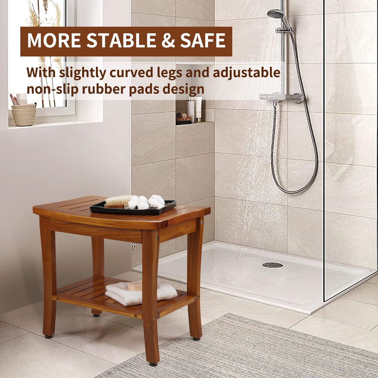 TEAKMAMA 20" Teak Shower Bench Waterproof Wood Shower Chair for Inside Shower Teak Stool with Shelf for Bathroom Sturdy Shower Seat for Elderly, Assembly Required TEAKMAMA