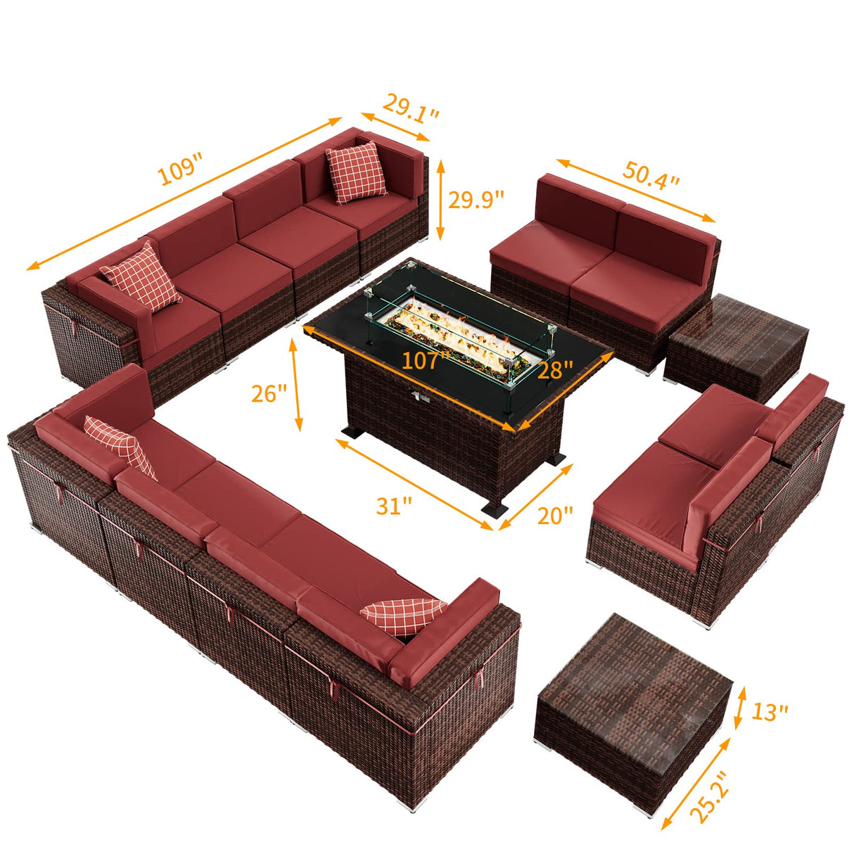 Amopatio Outdoor Patio Furniture Set with Gas Fire Pit Table, 15 Pieces Patio PE Wicker Pit Sectional Sofa, 44" Glass Gas Fire Patio Sectional Furniture with Burgundy Cushions, Coffee Tables, Covers Amopatio