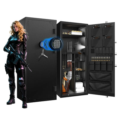 Large Rifle Safe, 30 Gun Safe for Rifle and Shotgun/Rifle Pistol Rack/Storage Pocket/Removable Shelf/Silent Mode/External Battery/LED/Key,180° Open Door Panel Organizer Unassembled Gun Cabinet Safe