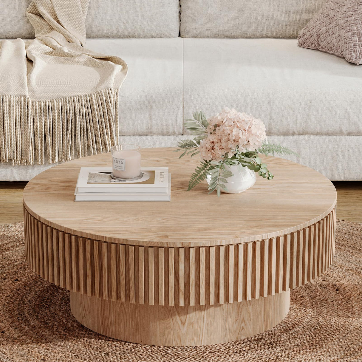 BSYEIO 31.5''Round Coffee Table with Storage, Modern Luxury Circle Drum Center Tables with Solid Wood Veneered, Accent Side Coffee Table for Living Room, Bedroom, Apartment-Natural BSYEIO