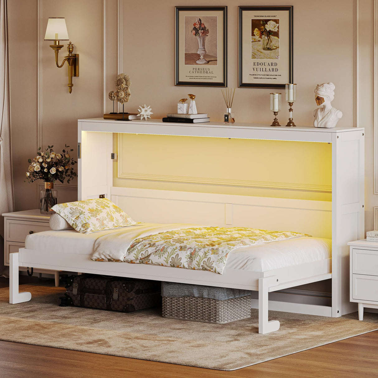 SOFTSEA Twin Size Murphy Bed with LED Light, 2 in 1 Murphy Bed Cabinet, Wooden Wall Bed Cabinet for Small Spaces, No Box Spring Needed, White+Brown SOFTSEA