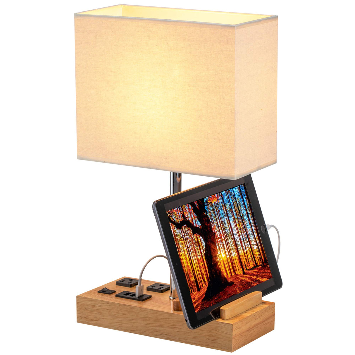 Dreamholder Desk Lamp with 3 USB Charging Ports, Table Lamp with 2AC Outlets and 3 Phone Stands, Nightstand Bedside Lamp with Natural Wooden Base and Cream Linen Shade Dreamholder