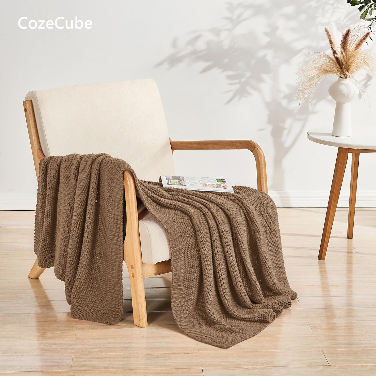 CozeCube Caramel Brown Throw Blanket for Couch, Soft Cozy Cable Knit Throw for Bed Sofa Living Room, Lightweight Warm Decorative Farmhouse Christmas Blanket, 50"x60", Light Brown CozeCube