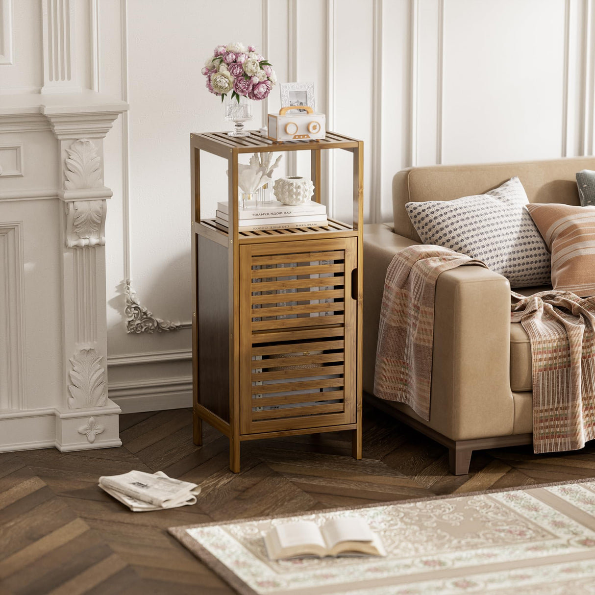 HITNET Bathroom Cabinet, Bamboo Floor Cabinet Free Standing, 4 Tier Sofa Side Storage Cupboard for Living Room Kitchen Bedroom, Walnut HITNET