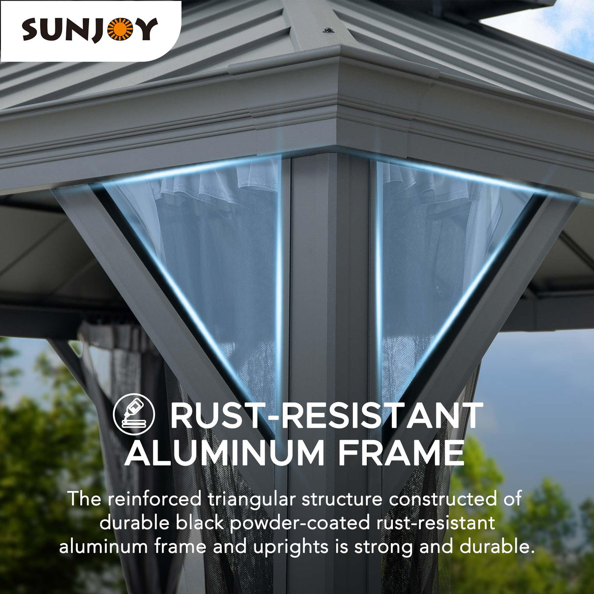 Sunjoy Hardtop Gazebo 10 x 12 ft. Outdoor Patio Aluminum Frame Gazebo with Solar Panel, 2-Tier Steel Hardtop Backyard Gazebo with Netting and Ceiling Hook, Black Sunjoy