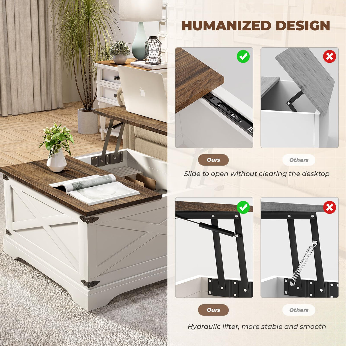 BROTTAR Lift Top Coffee Table with Storage, Square Coffee Table for Living Room with Wireless Charging, Farmhouse Coffee Table with Large Hidden Storage, White, 31.5" BROTTAR