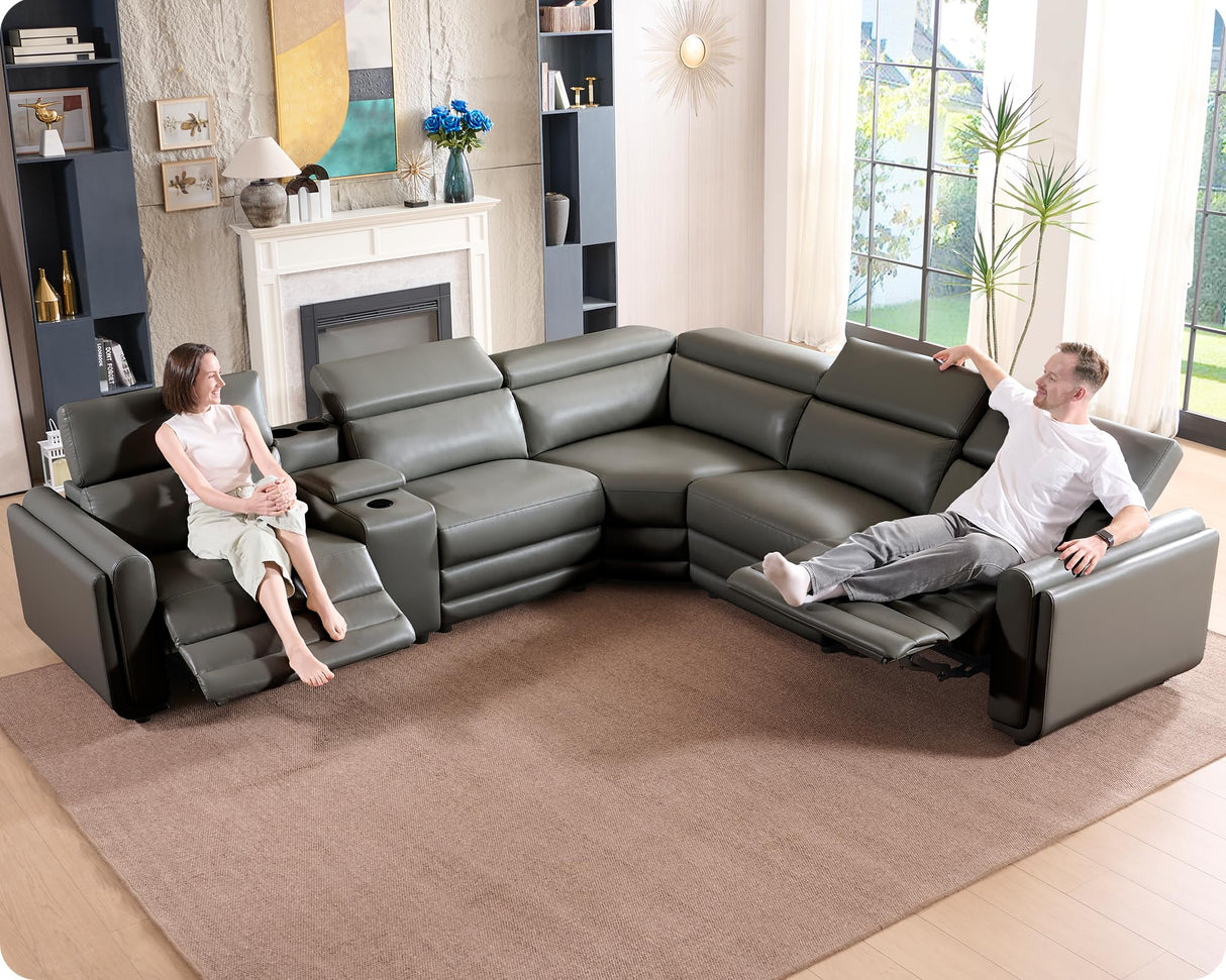AMERLIFE Power Recliner Sofa, 129 Inch Oversized Reclining Sofa with Console & Speaker, 5 Seats L Shaped Sectional Couch for Living Room, Dark Grey Leather AMERLIFE