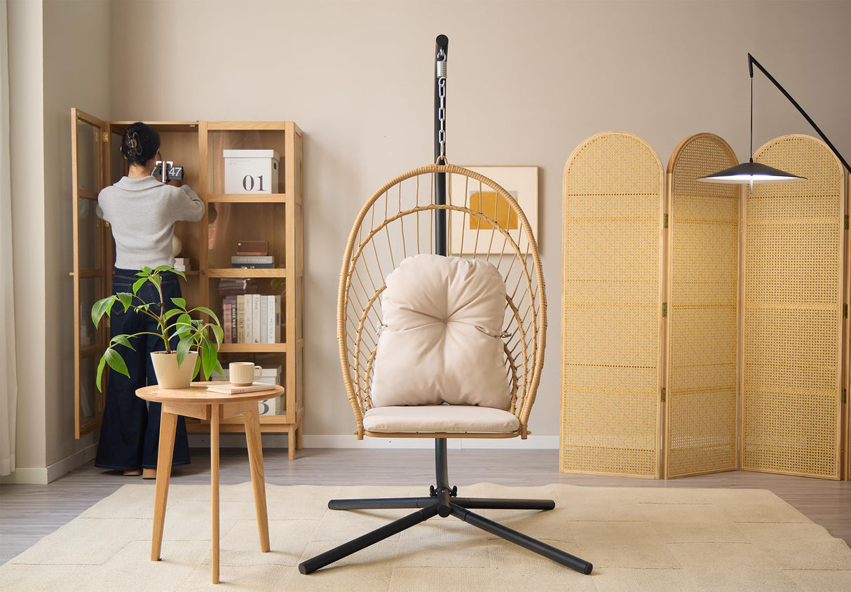 Topfuca Indoor/Outdoor Egg Hanging Chair with Stand - Patio Wicker Swing Hammock Chair. 350lbs Capacity, Cushioned. Ideal for Bedroom, Balcony, Porch, Garden. Versatile Swing Chair for All Spaces Topfuca