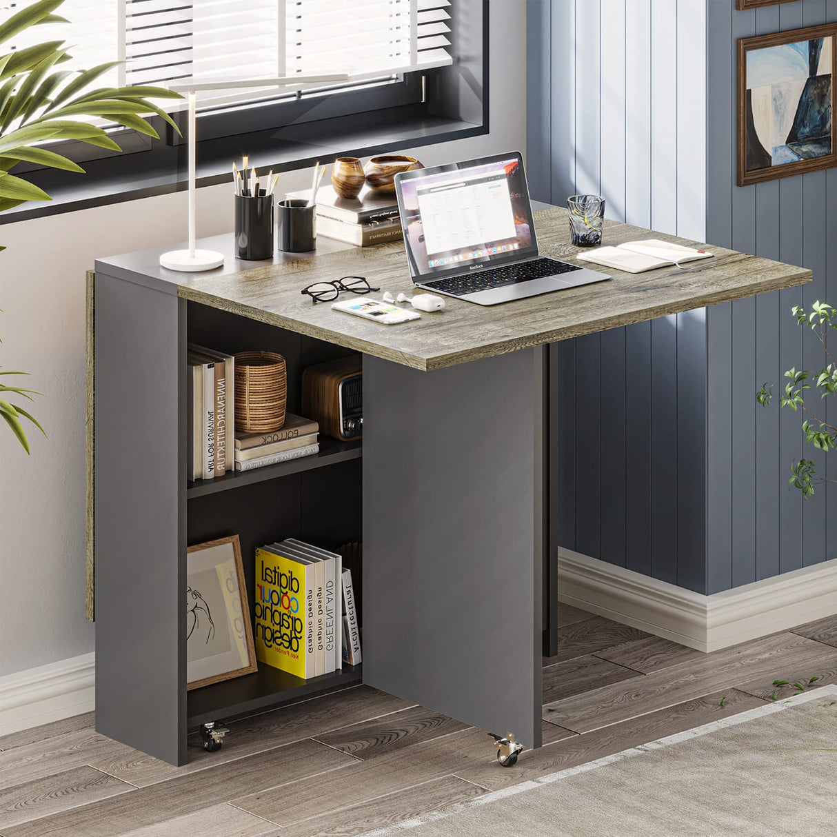 Tiptiper Folding Dining Table with 2 Storage Racks, Drop Leaf, 6 Wheels, Multifunction Expandable Table for Kitchen, Bedroom, Living Room Tiptiper