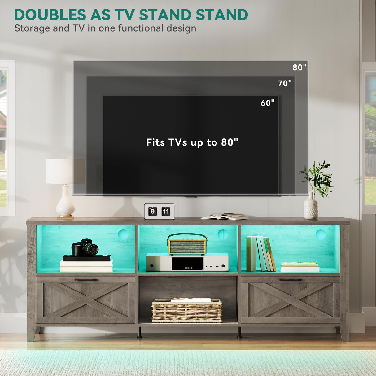 YITAHOME 70 Inch Farmhouse TV Stand with LED Lighting, Fits TVs up to 80 Inches, Media Console with Storage and Customizable Divider, Entertainment Center for Living Room (Grey) YITAHOME