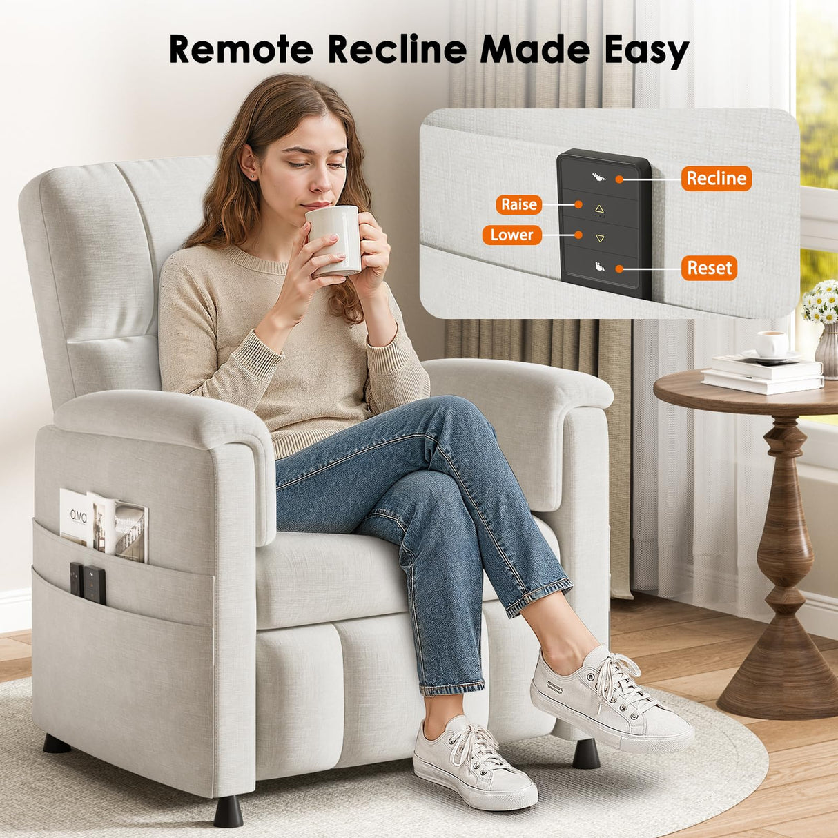 Pipishell Power Recliner Chairs for Adults, Recliner Chair with Remote, Adjustable Recline/Footrest, Chenille Fabric, High Back, Thick Seat Cushion, Small Recliner for Living Room, Home Theater, White Pipishell