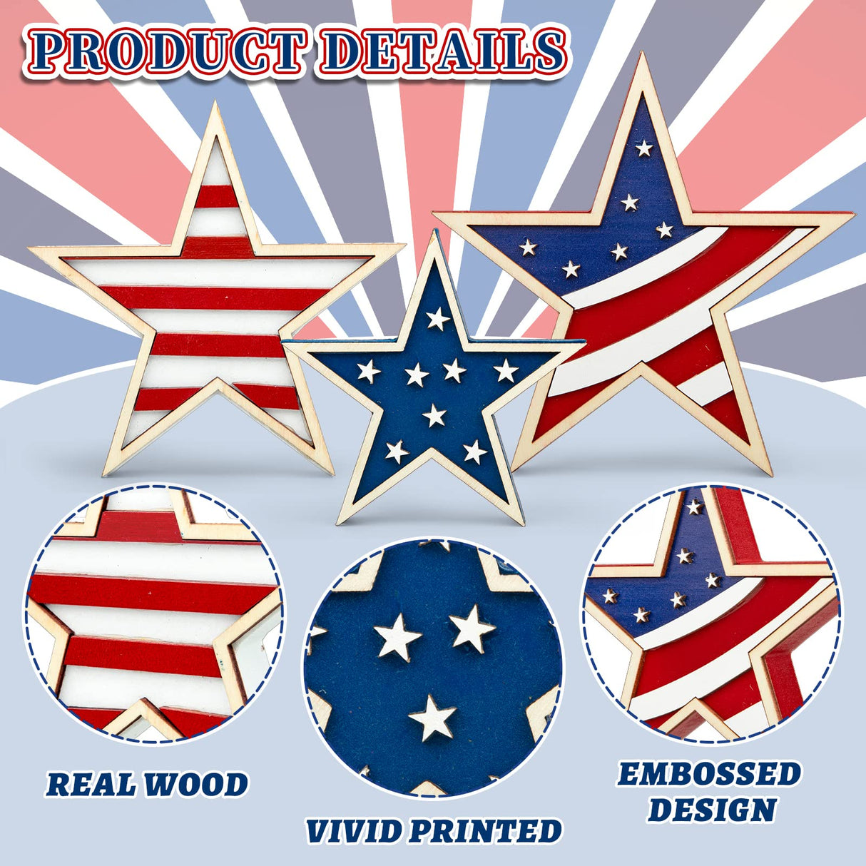 Whaline 4th of July Star Table Decor Patriotic Embossed Stars Stripes Wooden Sign American Flag Tiered Tray Table Centerpiece Farmhouse Wood Block Tabletop for Independence Day Memorial Day, 3Pcs Whaline
