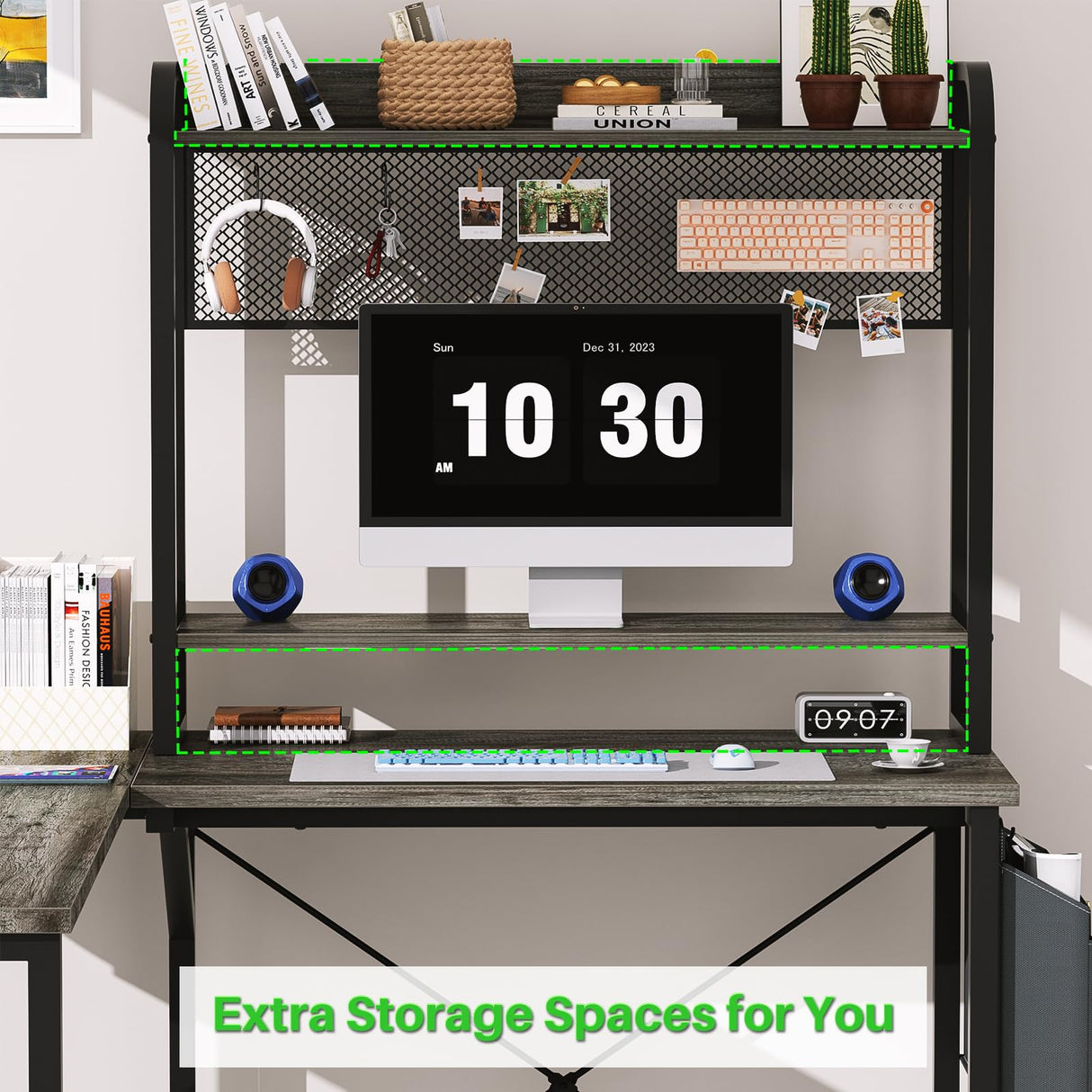 Small L Shaped Gaming Desk with Power Outlets, Corner Gaming Desk with LED Light, Reversible L-Shaped Desk with Monitor Stand & Hutch, L Shaped Desk Home Office Desk with Storage Bag, Grey Besiost