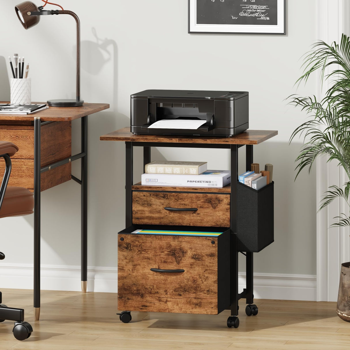 GYIIYUO 2 Drawer File Cabinet with 24'' Extended Desktop, Mobile Filing Cabinet, Rolling File Cabinet with Side Bag, Fabric Drawer, Fits A4/Letter Size, Printer Stand Home Office, Light Brown GYIIYUO