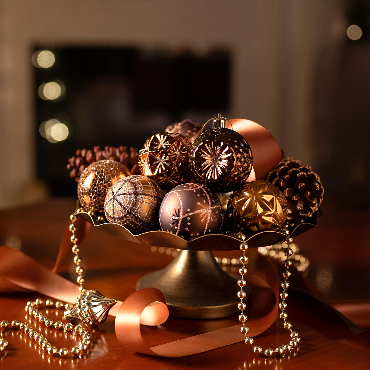 Valery Madelyn Fall Ornaments for Christmas Trees, 16ct Bronze Copper Brown Gold Shatterproof Fall Christmas Tree Decorations, 2.36 Inches Luxury Hanging Ball Ornaments for Thanksgiving Autumn Harvest Valery Madelyn