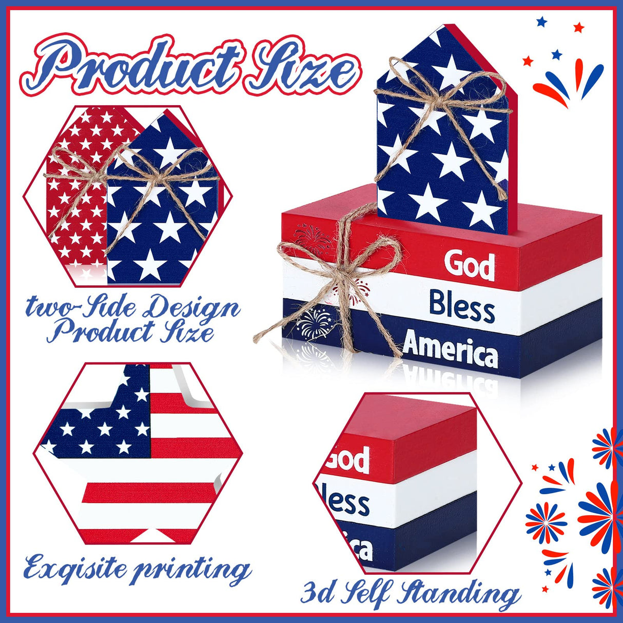 Blulu 5 Pcs Patriotic Table Decor Memorial Day Decorations 4th of July Tiered Tray Decor Wooden Star Sign God Bless America Faux Book Bundle for Independence Labor Day Home Tabletop Bookshelf Blulu