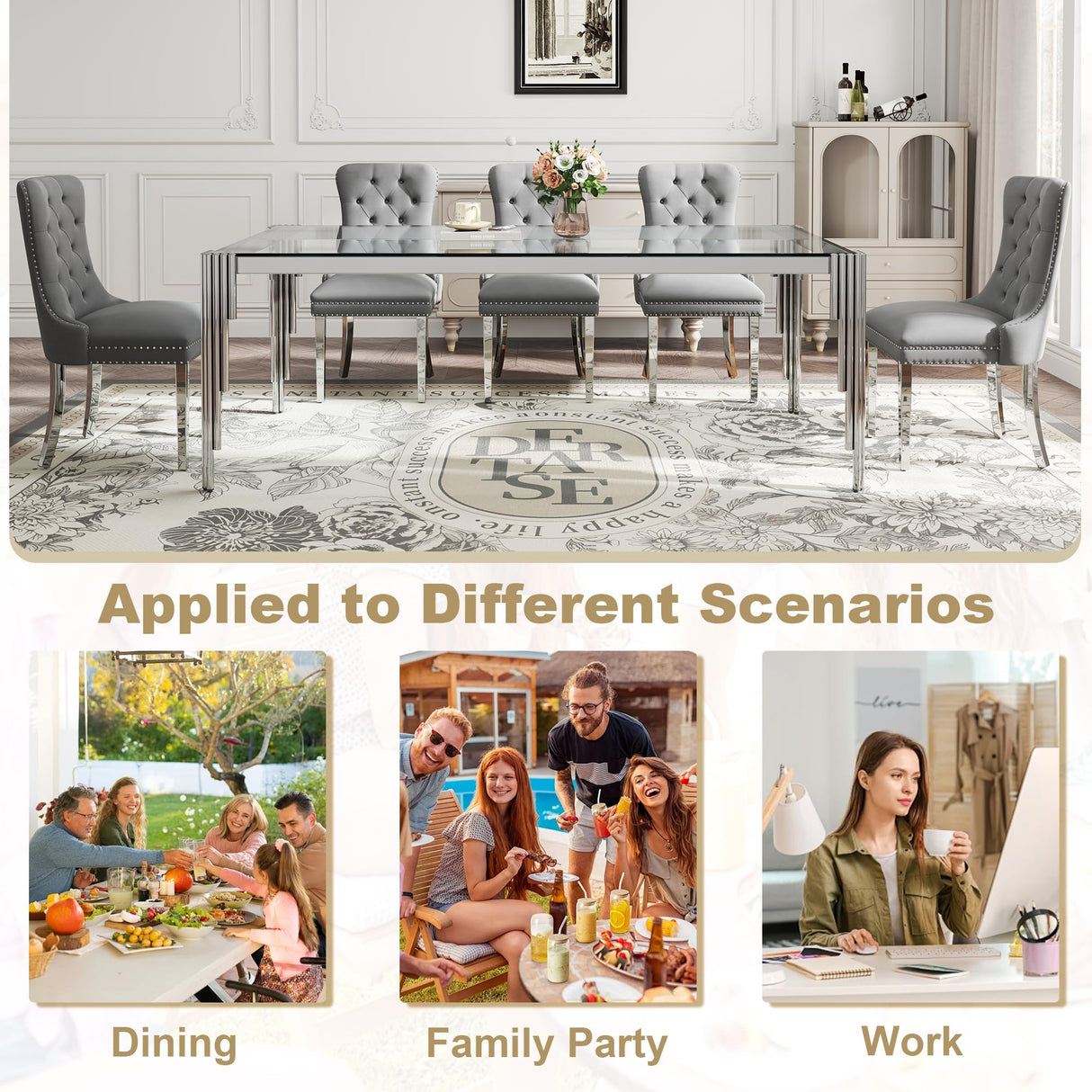 9 Piece Glass Dining Table Set for 8, 81" Rectangle Kitchen Table with 8 Gray Velvet Upholstered Chairs, Tempered Glass Tabletop with Stainless Steel Legs, for Kitchen and Dining Room, Silver Clear AMHDDT