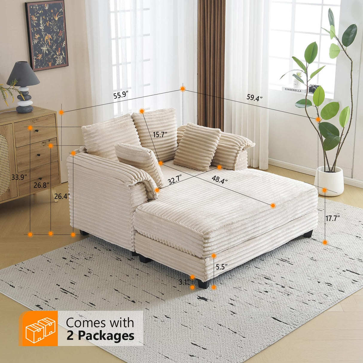 VINGLI 56" Oversized Chaise Lounge Chair, Beige Comfy Corduroy Chaise Sofa Recliner Bed Upholstered Sleeper Couch Bed with Throw Pillows and Armrests for Living Room, Movie Room, Bedroom VINGLI