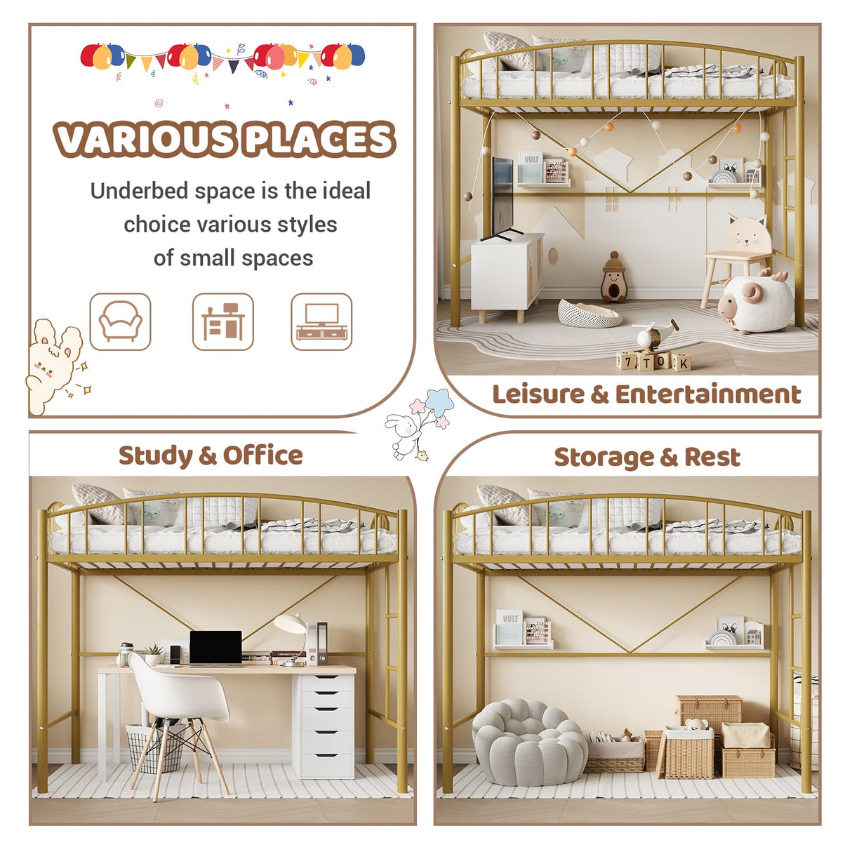 Garvee Loft Bed Twin Size with Ladde and Arched Guardrail, Heavy Duty Metal Loft Bed Frame for Kids and Adults, Sturdy Steel Slats Support, Small Space Saving Design, No Box Spring Needed, Gold Garvee