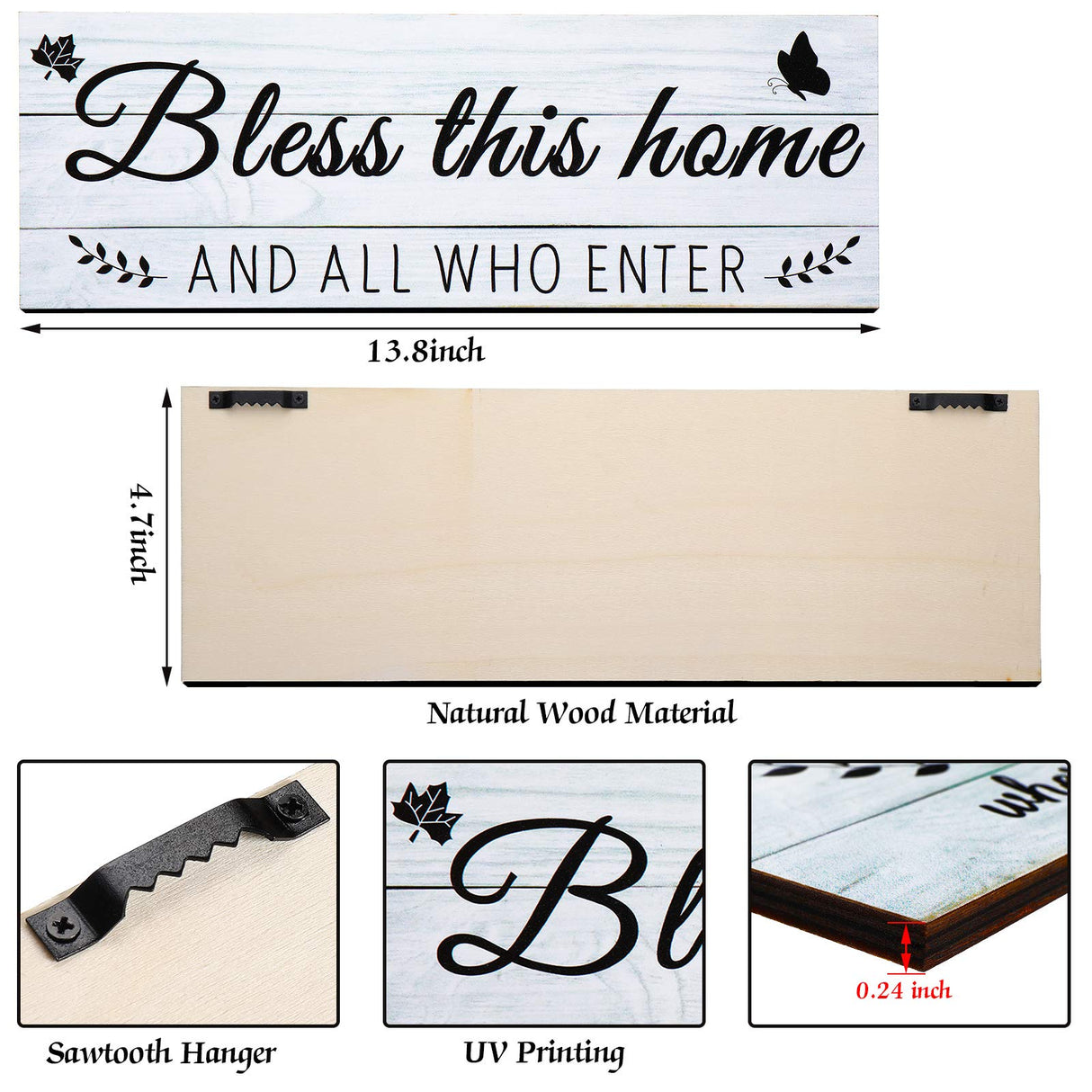 Jetec Wooden Family Signs Rustic Bless This Home Wood Family Decor Wall Art Farmhouse Entryway Decoration for Bedroom Living Room Office, 13.8 x 4.7 Inch (White) Jetec