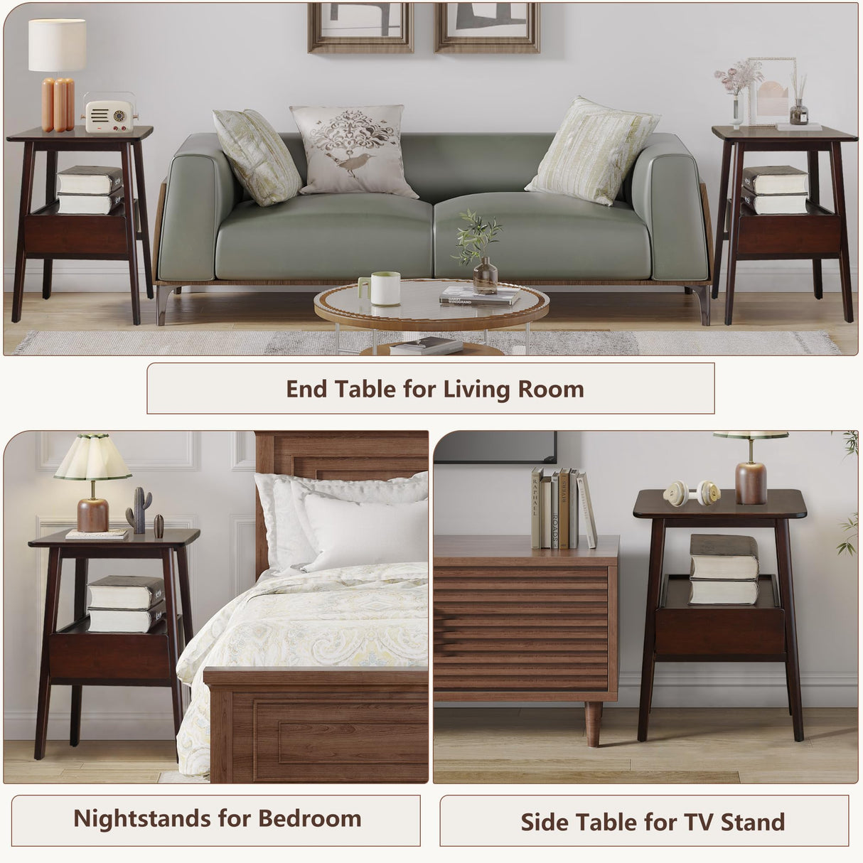 Kuabner Night Stand with Drawer, Mid Century Modern Nightstand, Bedside Tables with Open Storage Shelf,Large Storage End Table, Bamboo Night Stands for Bedrooms Kuabner