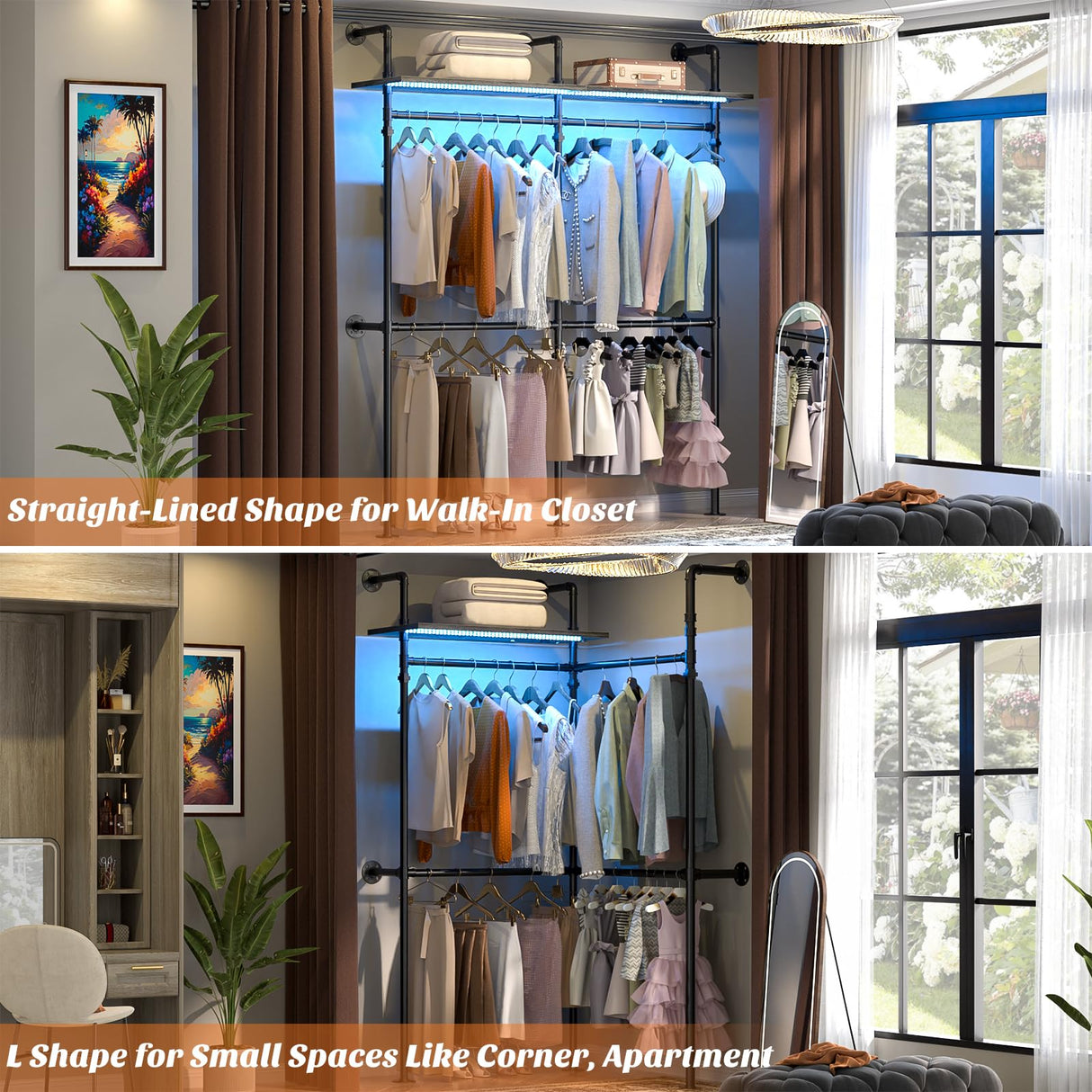 Aheaplus Industrial Pipe Clothing Rack, Reversible 79.7'' Clothes Rack for Hanging Clothes, Heavy Duty Garment Rack Closet Wardrobe Rack with LED Lights& Shelves, Walk-in Closet System, Black Oak Aheaplus