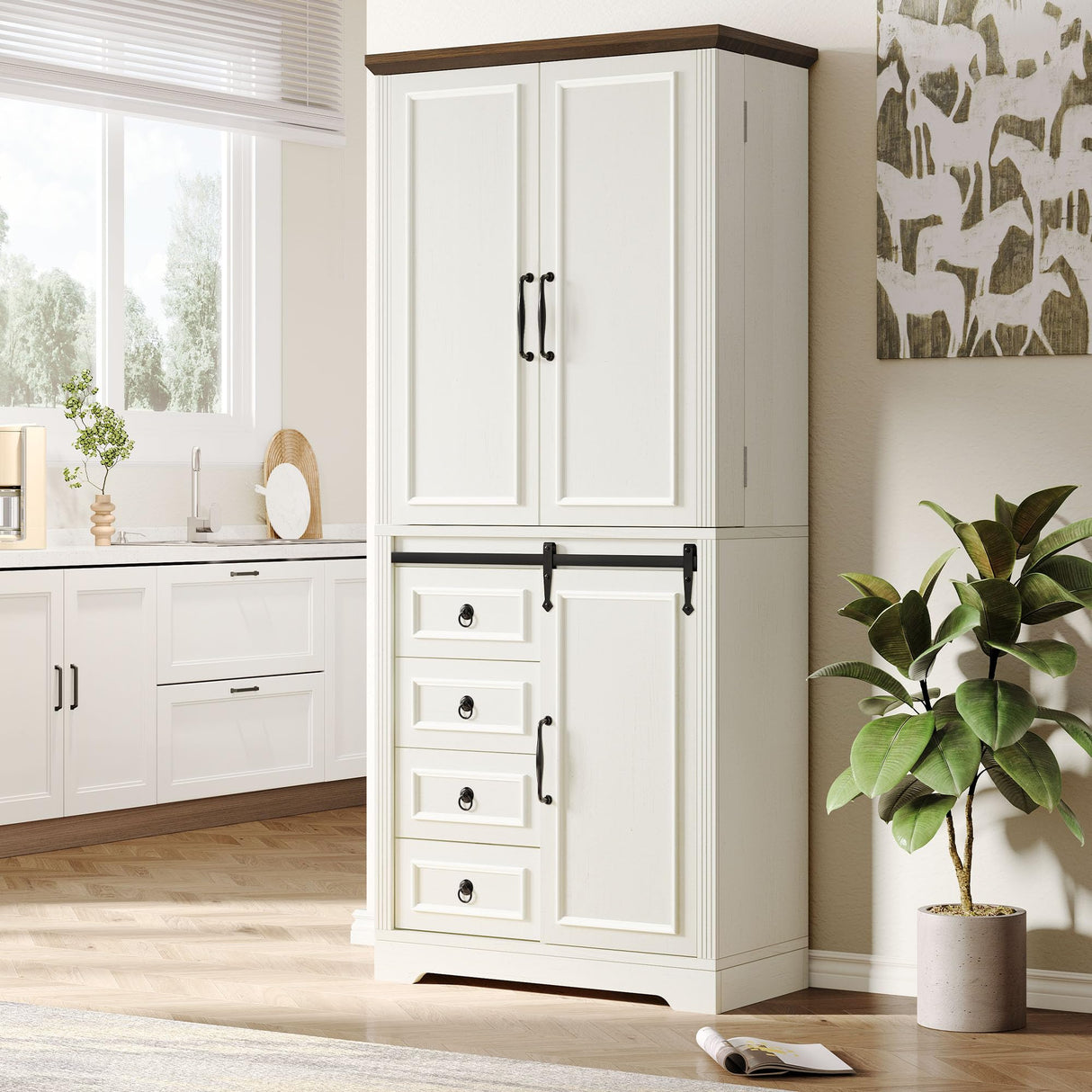 DWVO 71" Kitchen Pantry with Sliding Barn Door & Storage Drawers, Farmhouse Tall Storage Hutch Cabinet with Adjustable Shelves, Versatile Organizers for Living Room, Dining Room, Hallway, Off White DWVO