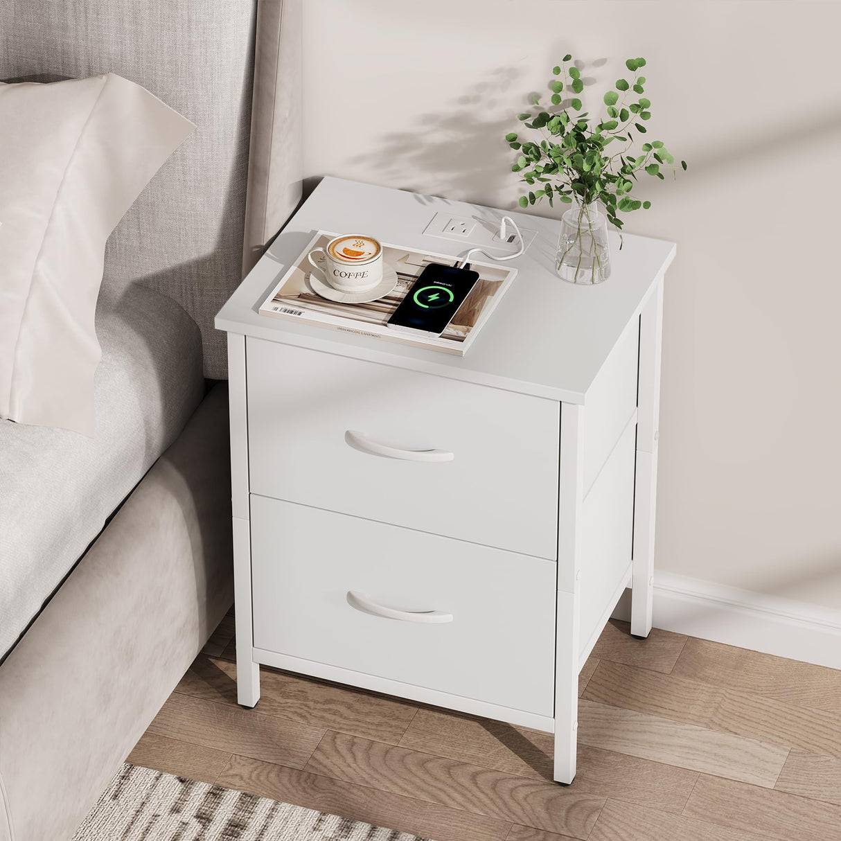 Vagusicc Nightstand Set of 2 with Charging Station, End Table Bedside Table with Power Outlet & USB Ports, Side Table with 2 Fabric Drawers for Bedroom, Living Room, White Vagusicc