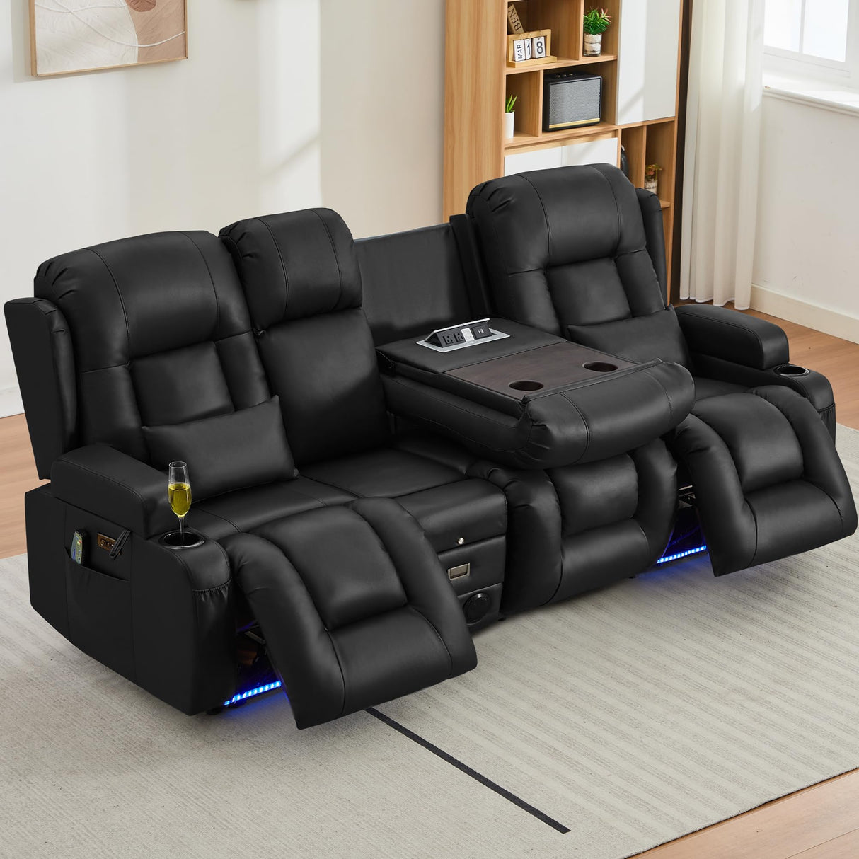 URRED Loveseat Recliner Sofa with Massage and Heat, Power Reclining Loveseat Sofa RV Couch with Console and Middle Seat, 3-Seater Home Theater Seating with LED Lights, Faux Leather, Black URRED
