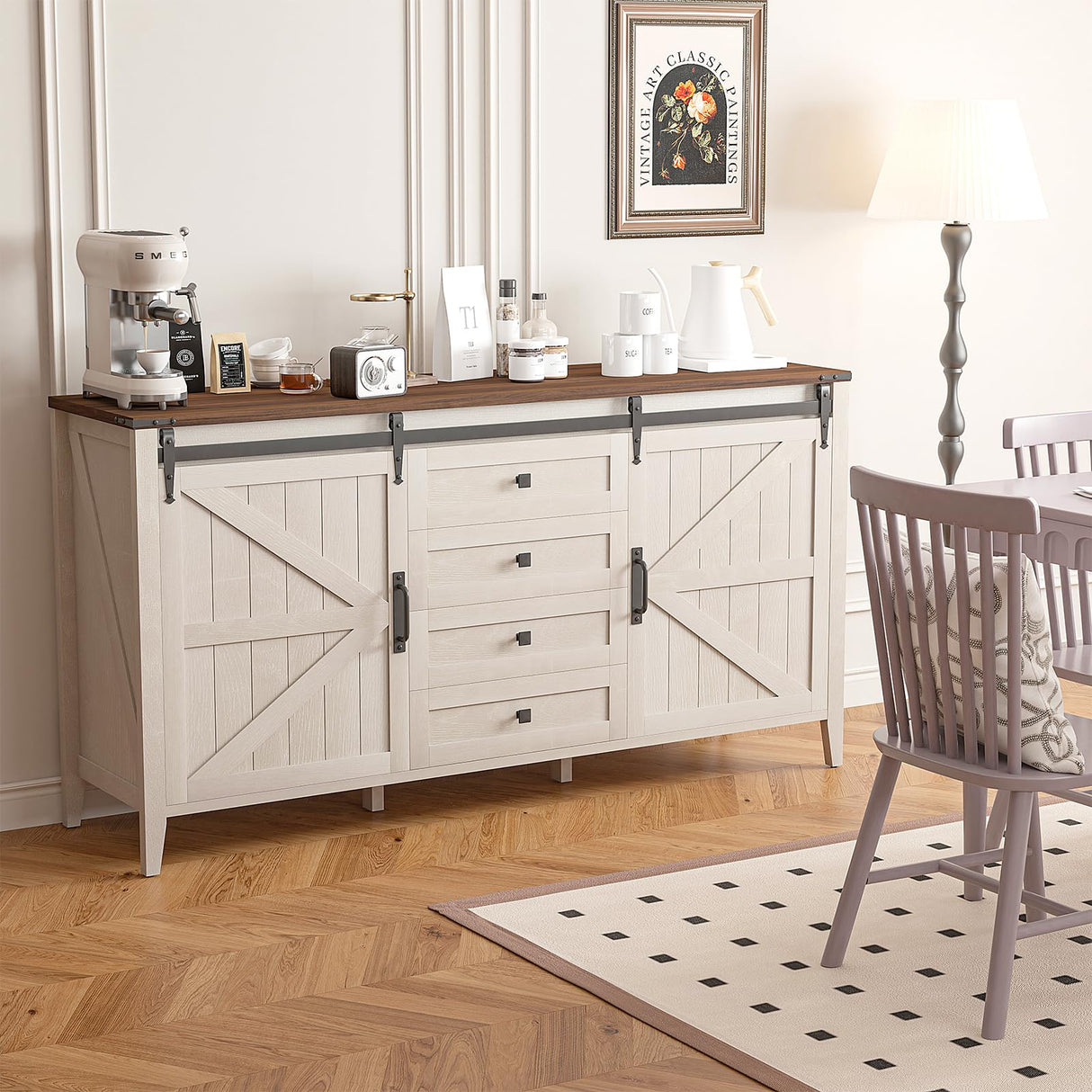 Farmhouse Dresser for Bedroom, Chests of Drawers for Clothes, 4 Drawers Dresser with Sliding Barn Door, White Dresser Wood, 60” Wide Dresser with Storage Organizer for Kids, Tall TV Stand GlouMod