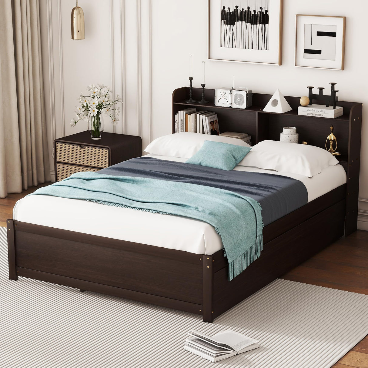 Harper & Bright Designs Full Bed Frame with Trundle, Full Trundle Bed with Bookcase Headboard, Wood Full Size Platform Bed with Twin Trundle Bed Under for Kids Girls Boys, Espresso Harper & Bright Designs