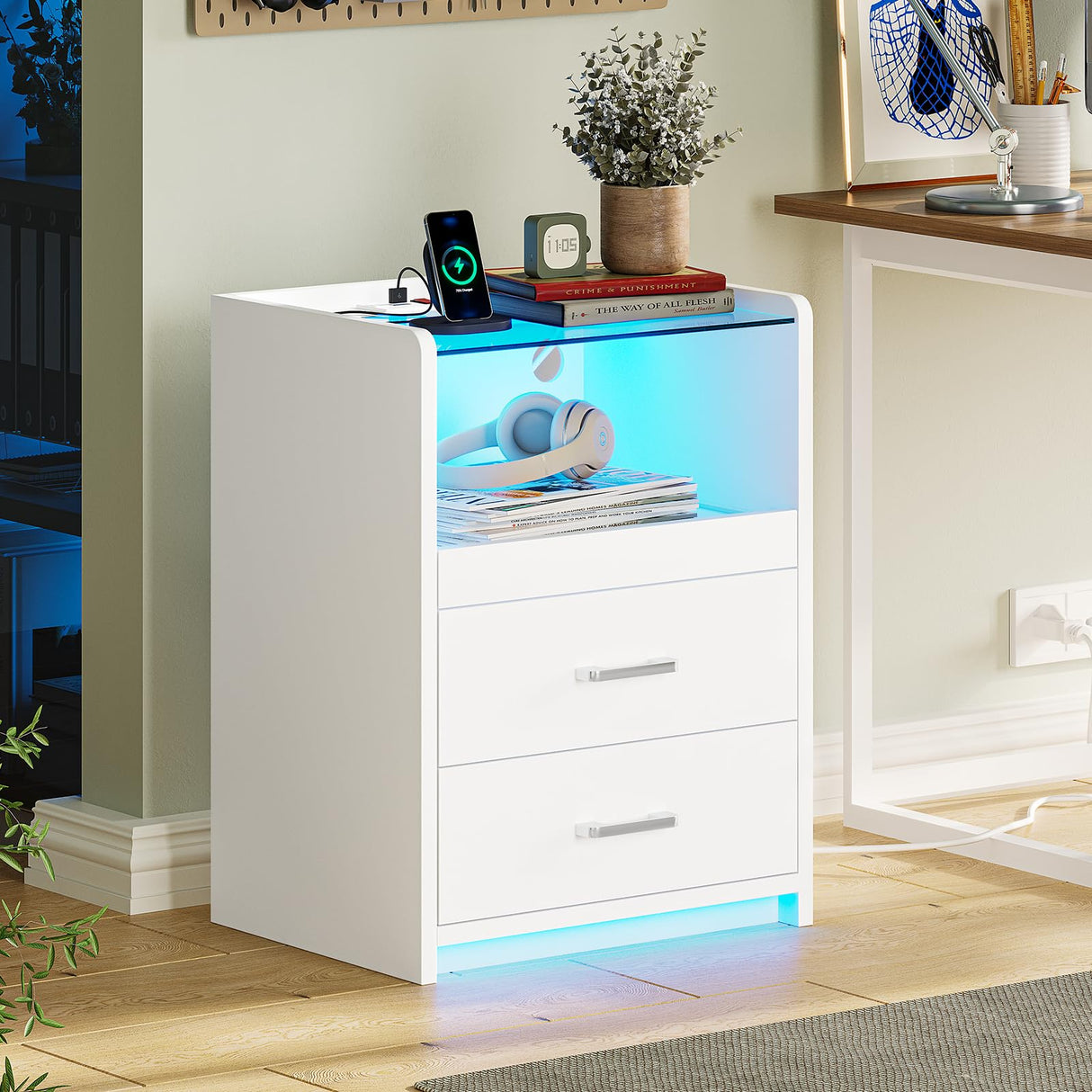 VIAGDO White Nightstand with Charging Station and LED Lights, 2 Drawers LED Night Stand with Tempered Glass Tabletop, Modern End Side Tables with Pull-Out Tray, Open Storage Bedside Tables VIAGDO