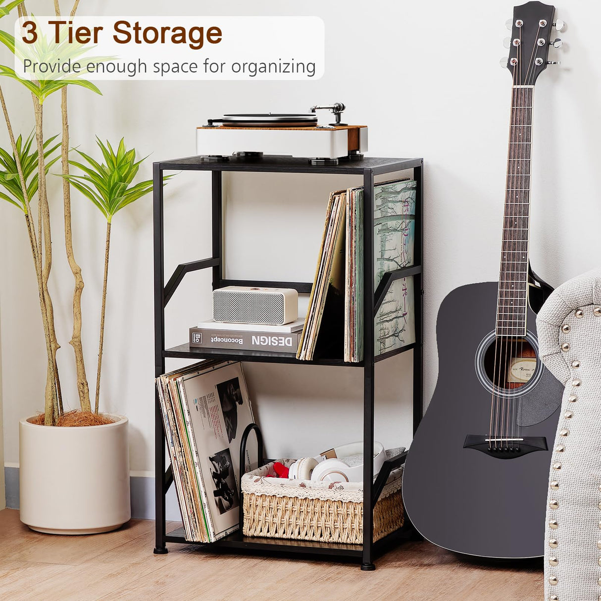 LOAKEKEL Record Player Stand, Vinyl Record Storage Up to 200 Albums, 3 Tier End Table with Removable Dividers, Tall Side Table for Living Room, Bedroom, Black, HETCD010BK1 LOAKEKEL