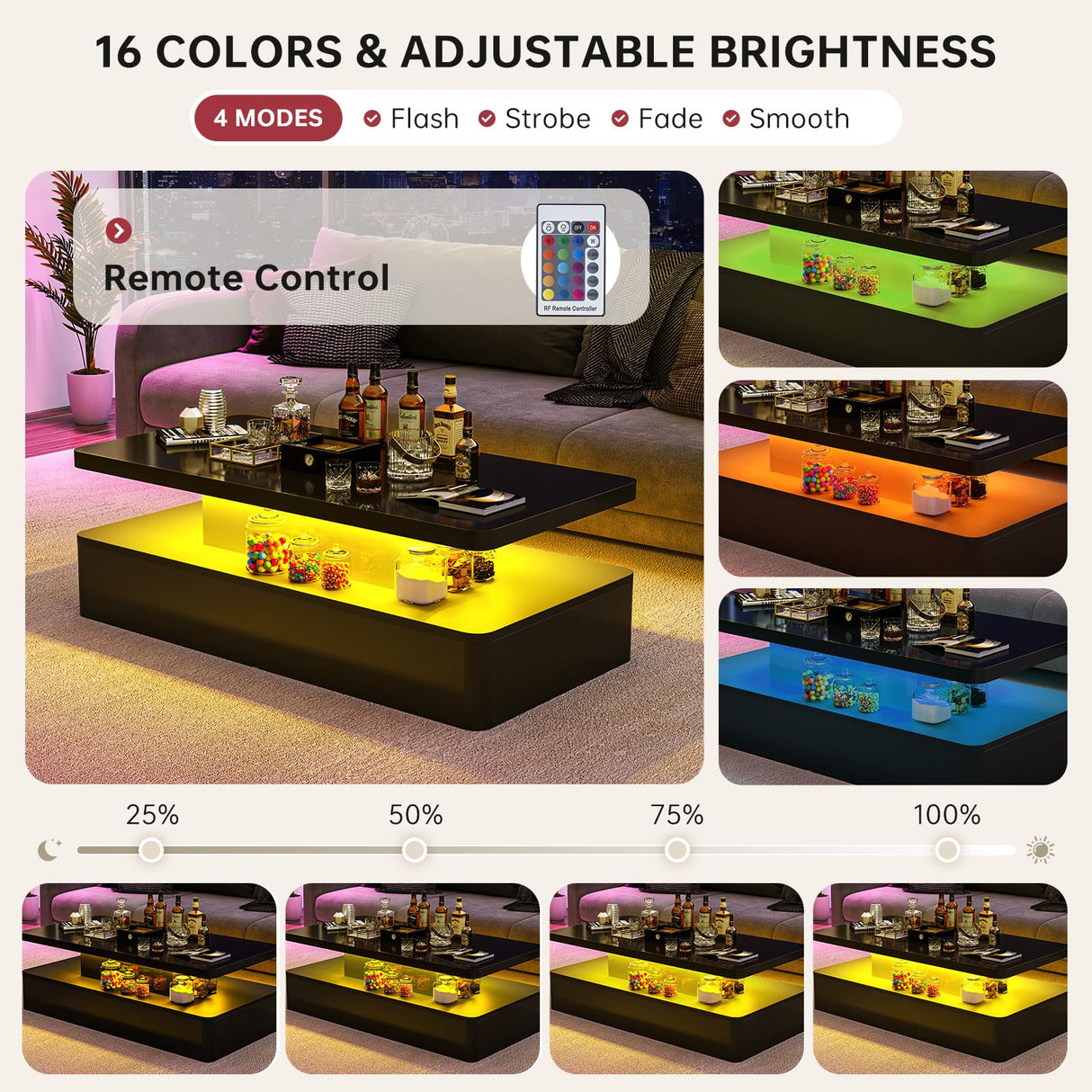 oneinmil Modern LED Coffee Table, 40" Living Room Tables with 16 Colors LED Lights, Double-Layer Design, Stylish Coffee Tables for Living Room, Black oneinmil