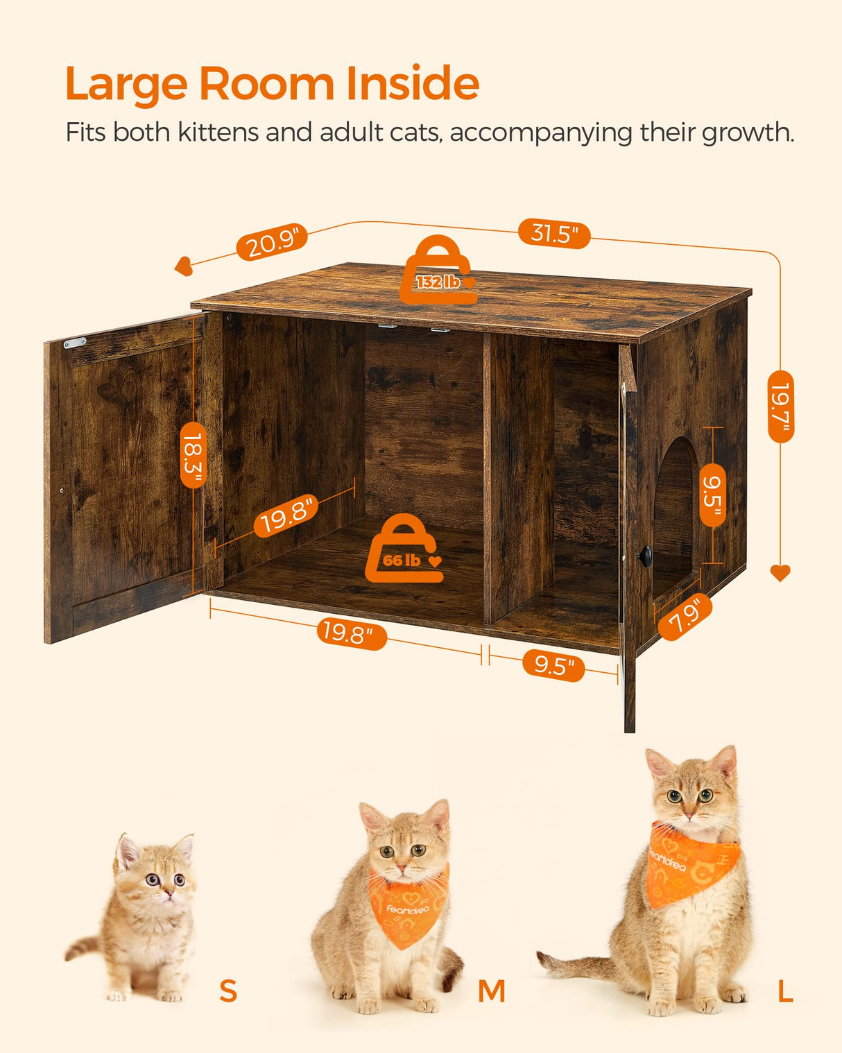 Feandrea Cat Litter Box Enclosure, Litter Box Furniture Hidden with Removable Divider, Indoor Cat House, End Table, 31.5 x 20.9 x 19.7 Inches, Rustic Brown UPCL002X01 Feandrea