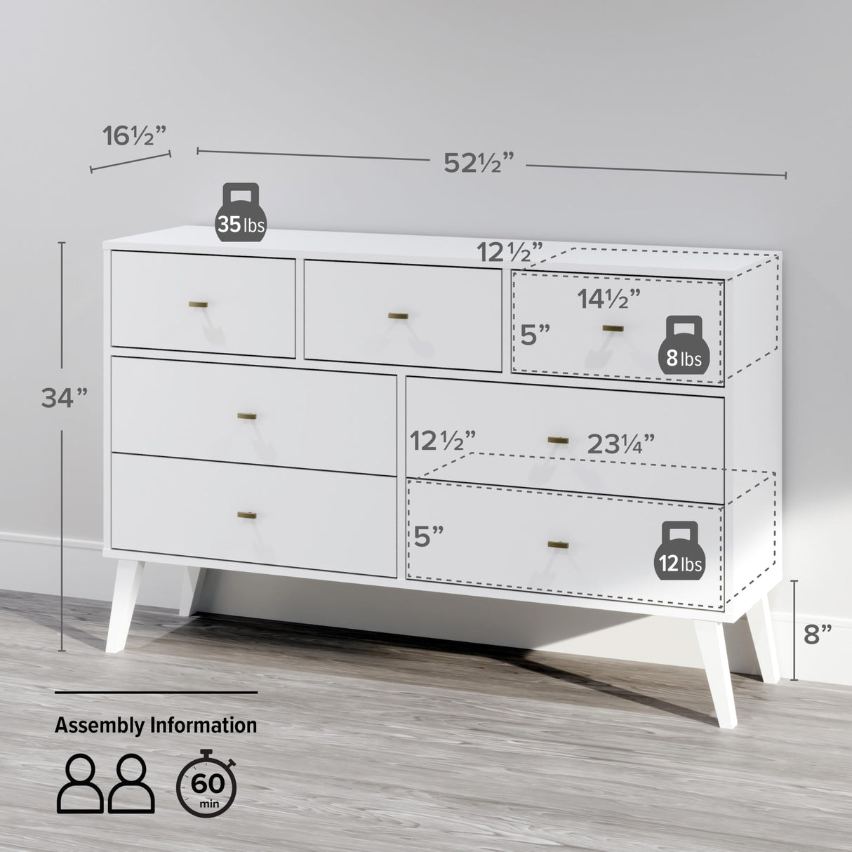 Prepac Milo Mid-Century Modern 7 Drawer Double Dresser for Bedroom, Wide Chest of Drawers, Contemporary Bedroom Furniture, 16" D x 52.5" W x 33.75" H, White, WDBR-1407-1 Prepac