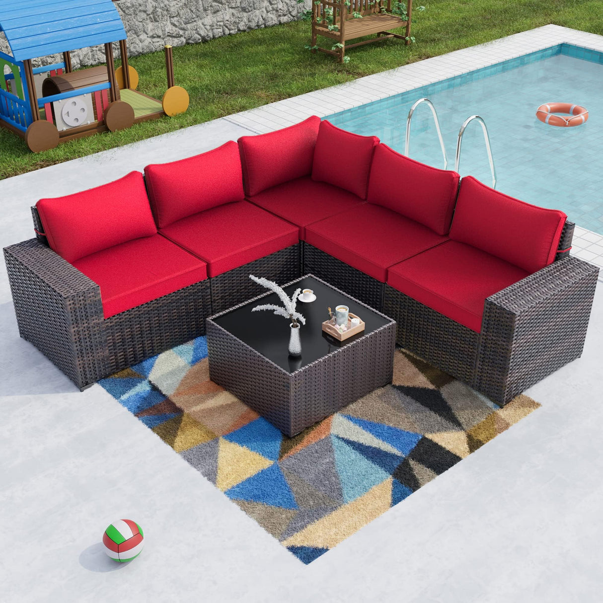 Kullavik 6PCS Outdoor Patio Furniture Set PE Wicker Rattan Sectional Sofa Patio Conversation Sets,Red Kullavik