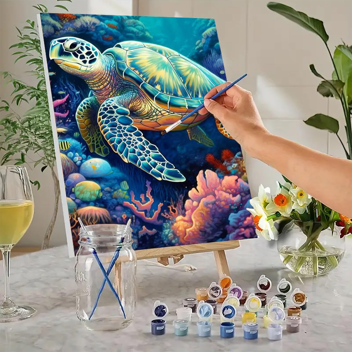 MaiMMaledy Paint by Numbers Kit for Adults Beginners 8Wx12L inch Canvas Pictures with Framed Drawing Painting Works with Wooden Triangle Easel Acrylic Pigment Sea Turtle MaiMMaledy