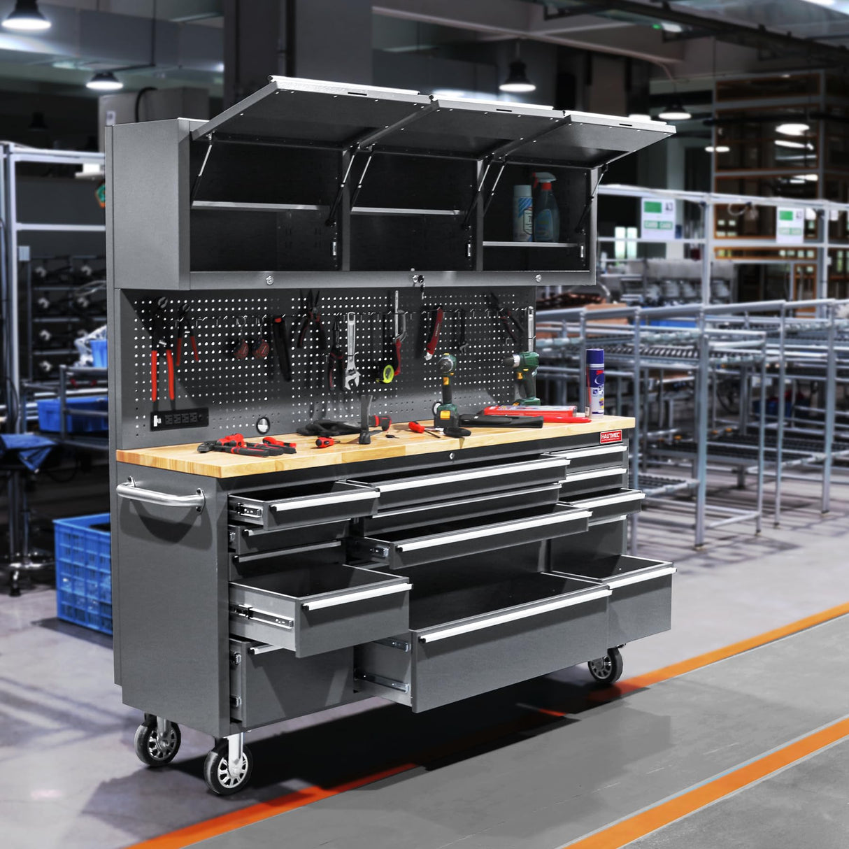 HAUTMEC 72" Rolling Tool Chest, Mobile Garage Workbench, Heavy-Duty Tool Cabinet on Wheels with 15 Drawers, 3 Upper Cabinets, Pegboard & 51 Hooks, Oak Work Surface & Power Strip – HT0428 HAUTMEC