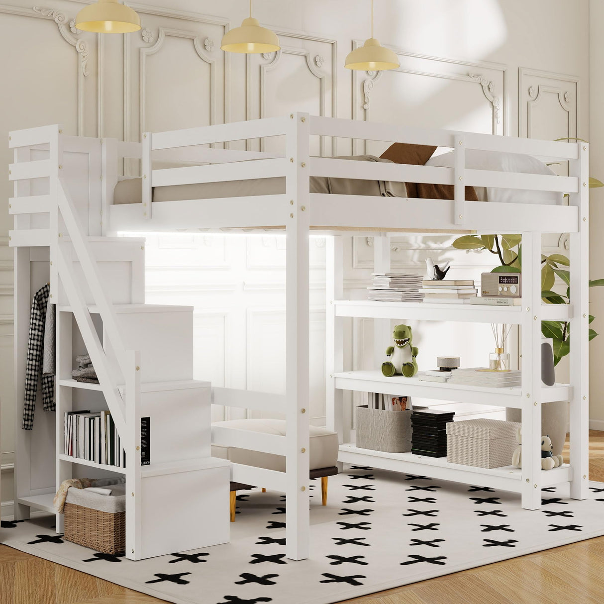 Bellemave Full Loft Bed with Stairs and Shelves, Wood Loft Bed with Bookcase and 3-Tier Shelves, Wardrobe, LED for Kids, Teens, Adults, White Bellemave