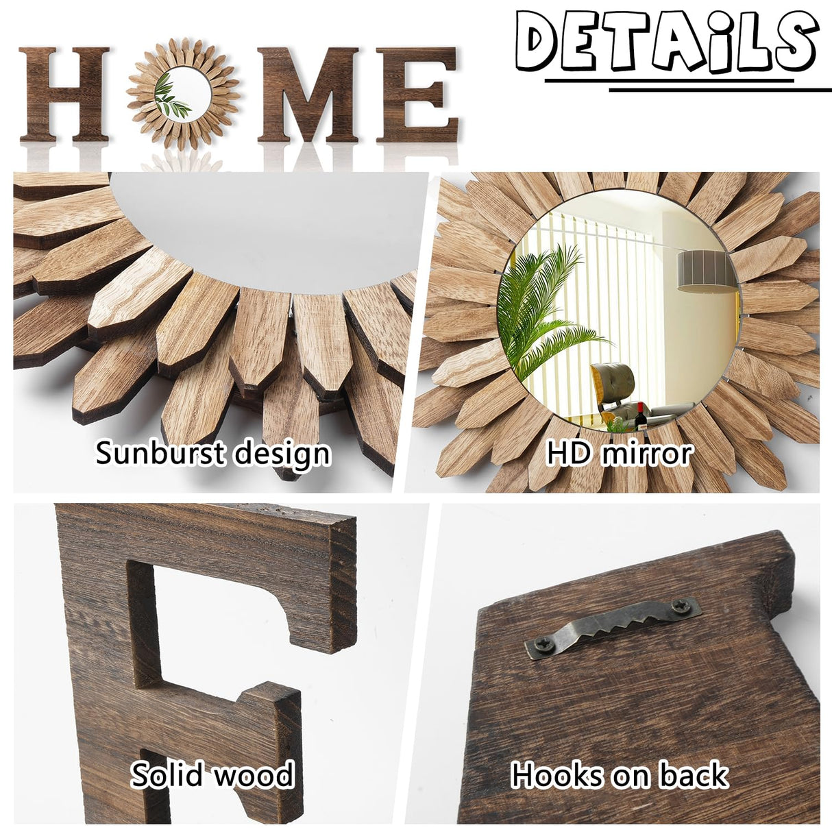 CHIF HAUTH Wood Home Sign with Sunflower Shaped Wood Mirror for O, Thick Home Letters for Wall Art, Rustic Home Decor, Home Wall Decor Hanging Farmhouse Wall, Living Room, Kitchen, Entryway CHIF HAUTH