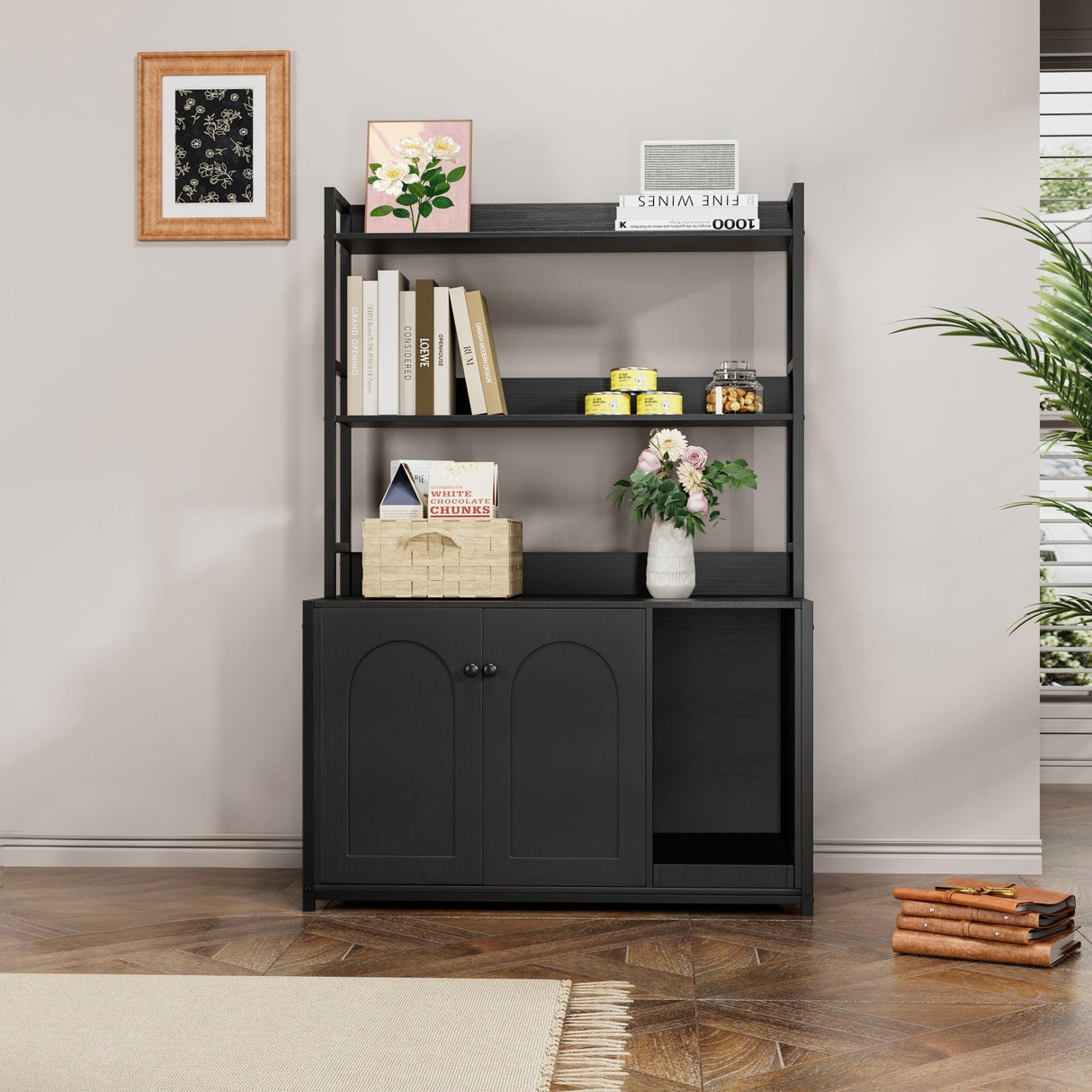 Large Litter Box Enclosure with Shelves, 52'' Hidden Cat Kitty Litter Furniture Corner Cats Bookshelf for Living Room, Bedroom, Cat Box Enclosure Cabinet with Scratch Pad Black GarveeHome