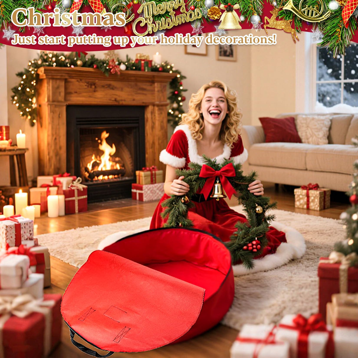 24 Inch RAINFLOW Christmas Wreath Storage Container - Heavy Duty Wreath Storage Bag With Handles Red Thickened Nonwoven Fabric Ideal For Household Organization Halloween Holiday Ornament Storage RAINFLOW