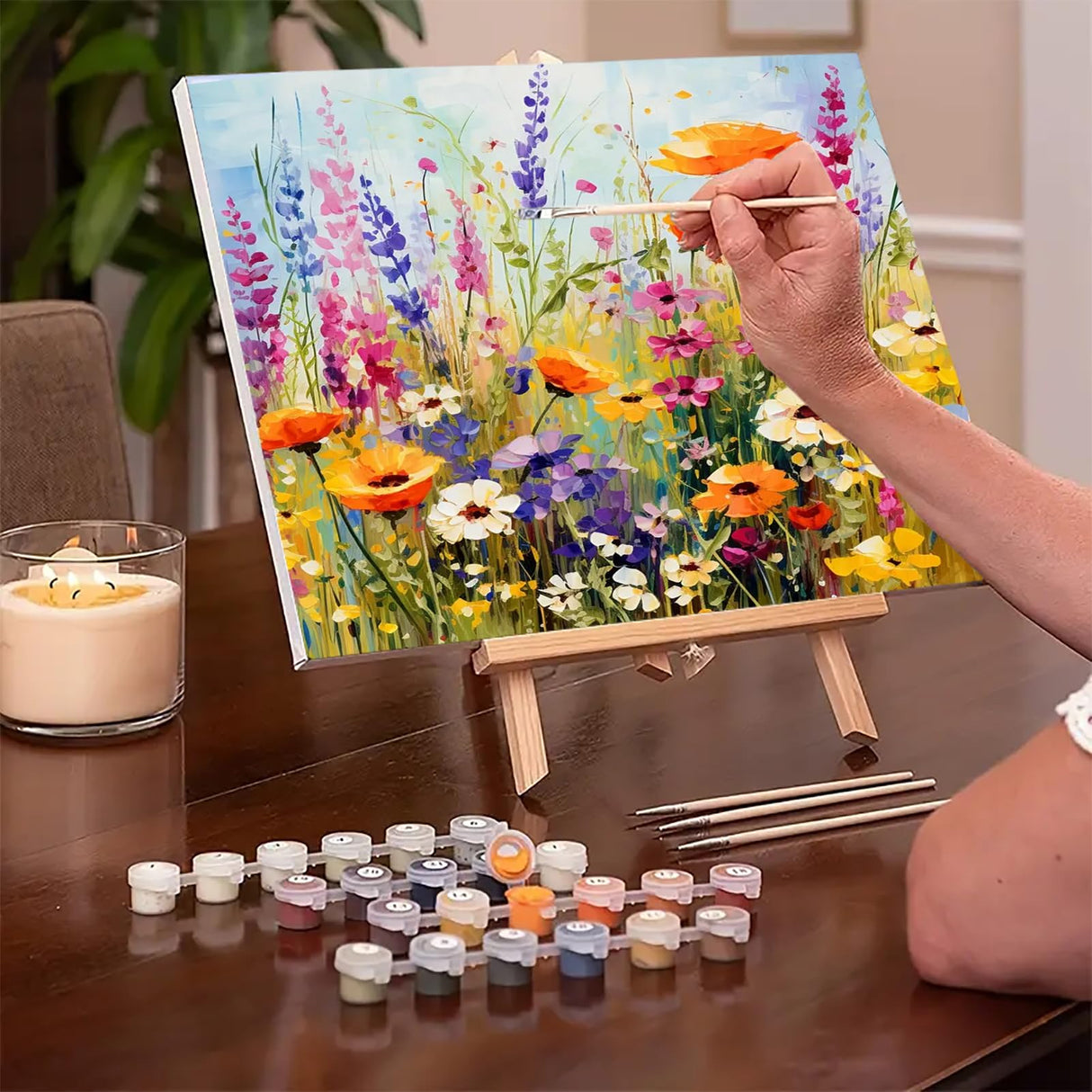 MaiMMaledy Paint by Numbers Kit for Adults Beginners Canvas Pictures with Framed Drawing Painting Acrylic Pigment with Wooden Triangle Easel Spring Flowers 8Wx12L inch MaiMMaledy