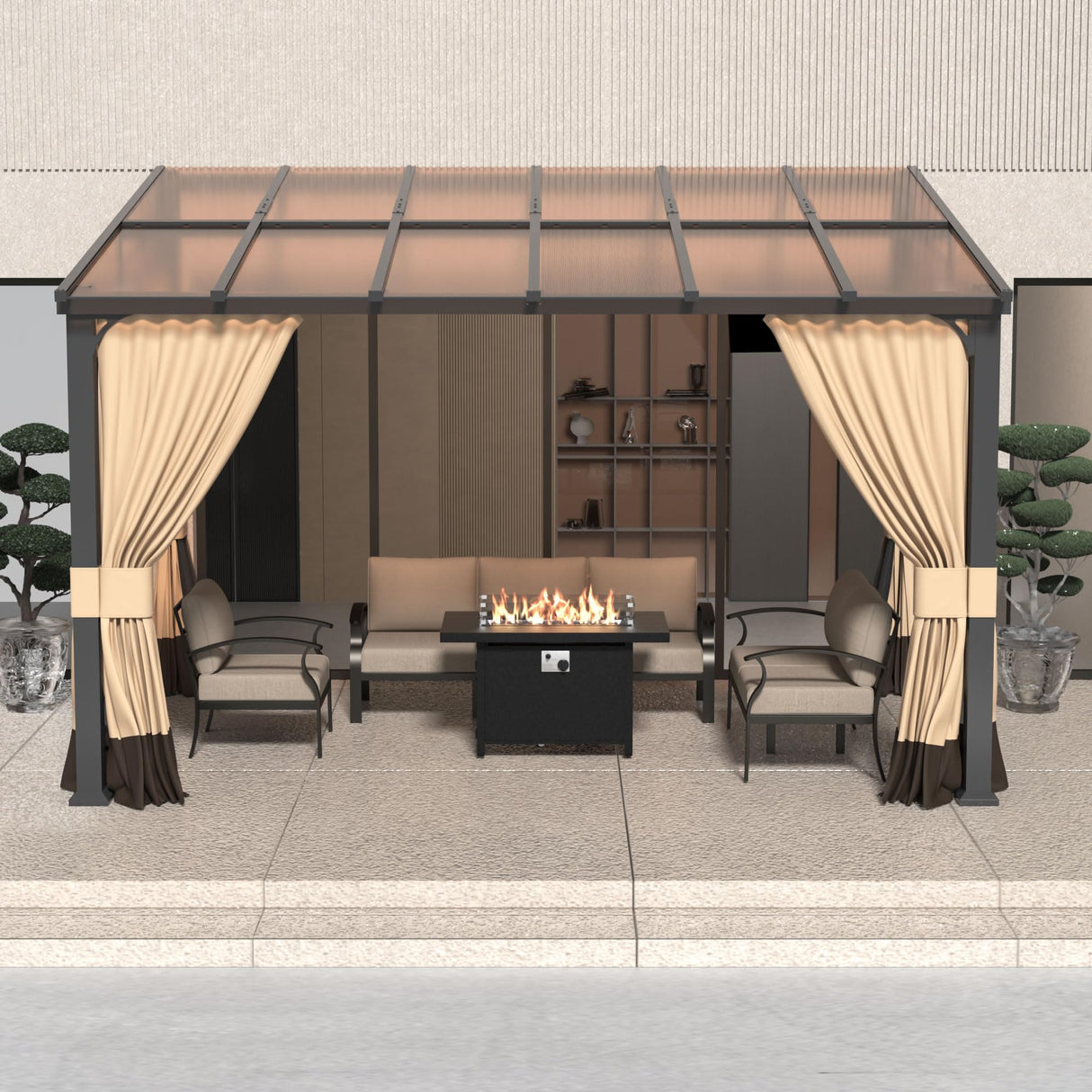 RTDTD 10' x 12' Gazebo,Hard Top Lean to Gazebo Wall Mount Heavy Hardtop Gazebo Outdoor Pergola with Curtains and Netting for Patio Garden Lawn Backyard Deck (Brown) RTDTD