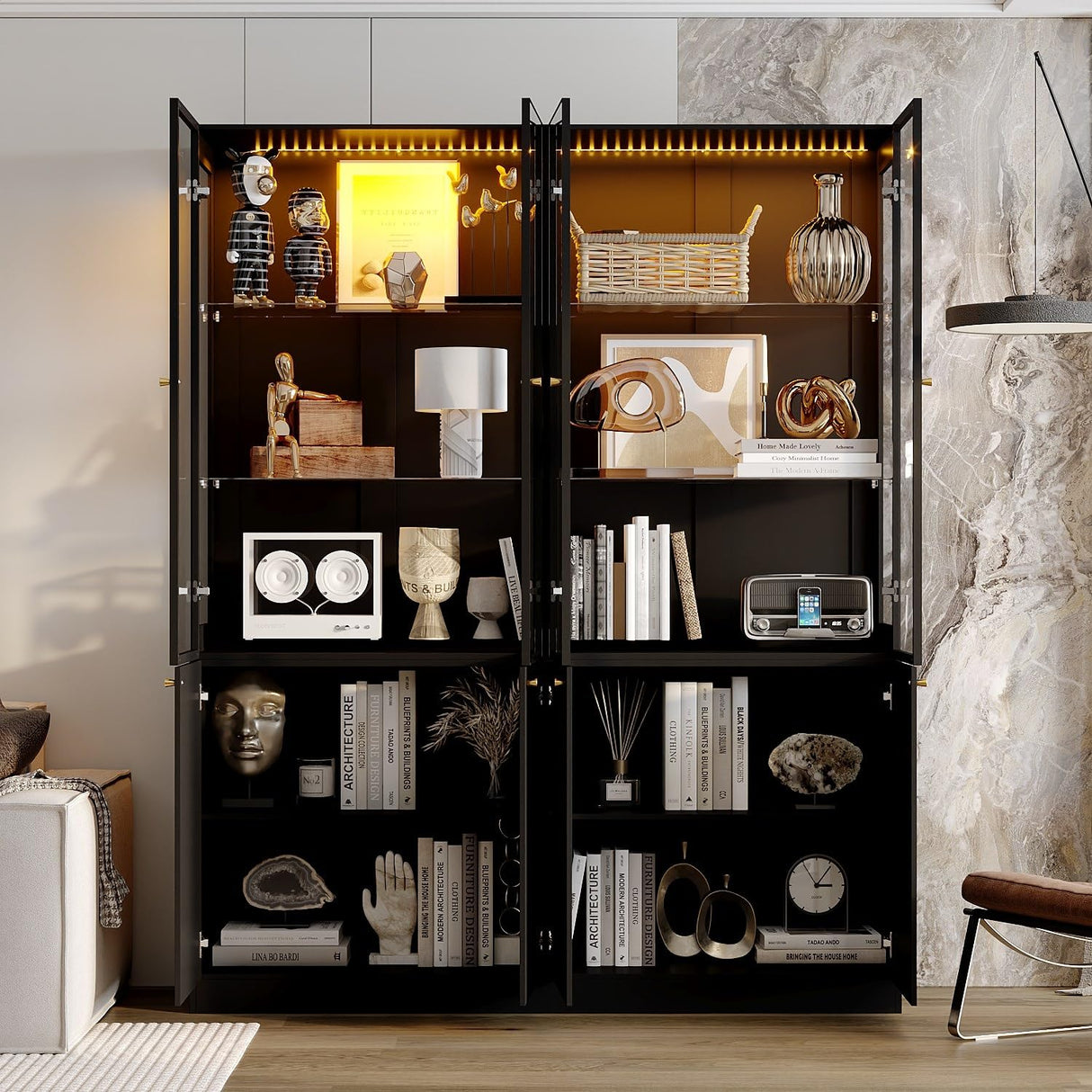 Timechee Large Glass LED Book Shelf, Tall Black Bookcase Storage Cabinet with Tempered Glass Doors and Shelves, Lighted Display Cabinet for Collections, Modern Wide Bookshelf for Living Room, Bedroom Timechee