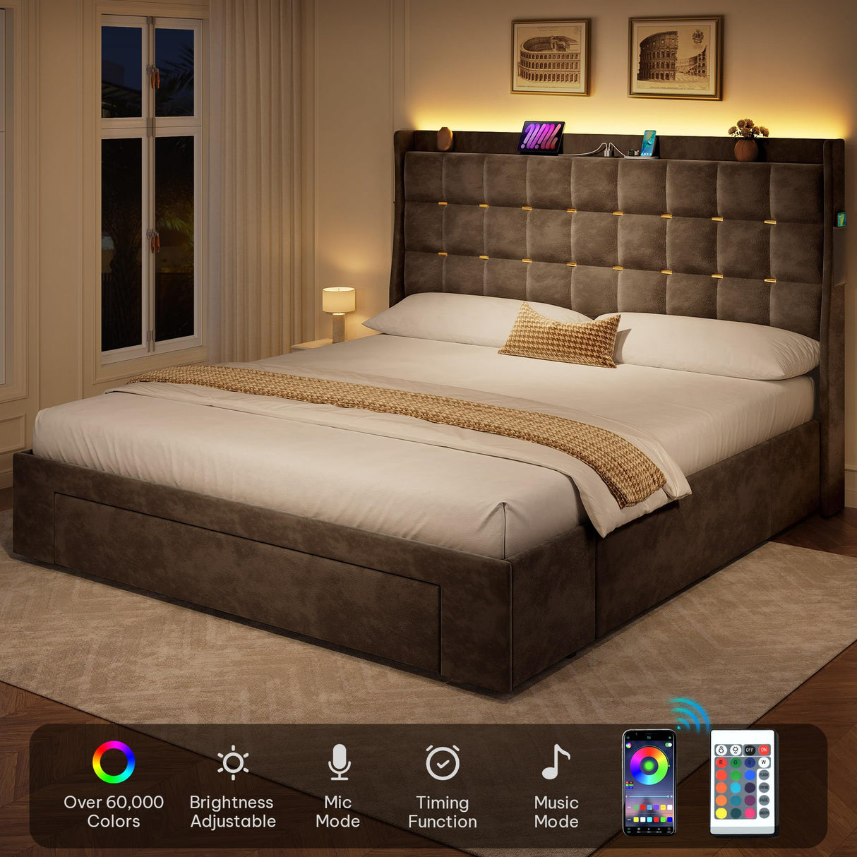 YITAHOME Queen Size Bed Frame with 3 Storage Drawers and RGB LED Lights, Velvet Upholstered Bed with Charging Station and Storage Headboard, No Box Spring Needed, Easy Assembly, Noise-Free, Grey YITAHOME